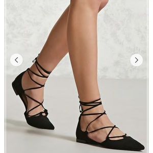 Faux suede pointed toe lace up flats